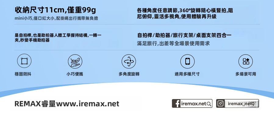 【REMAX P80i】四合一迷你旅行自拍桿支架 | 99g超輕口紅大小 自拍桿/相機助拍器/行李箱夾式支架/桌面支架 360°旋轉橫直拍 (出差旅行/飛機高鐵追劇神器)