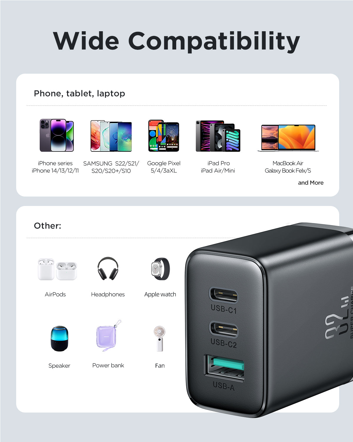 【JoyRoom TCF10】32W 三口迷你快充插頭 | 2x USB-C + 1x USB-A 多口同時快充 過壓過充保護 (iPhone/Android/iPad通用)