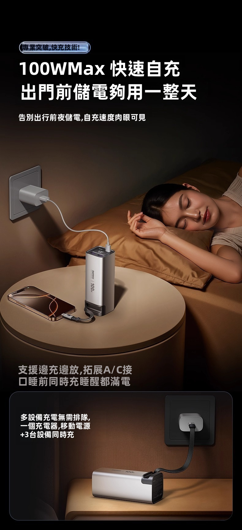 【REMAX 能量柱 FC系列】100W雙向快充 伸縮線尿袋 (20000mAh) | 自帶70cm磁吸編織快充線 100W自充0.8小時滿電 智能數顯 可上飛機高鐵 (MacBook/iPad/iPhone/Android通用)