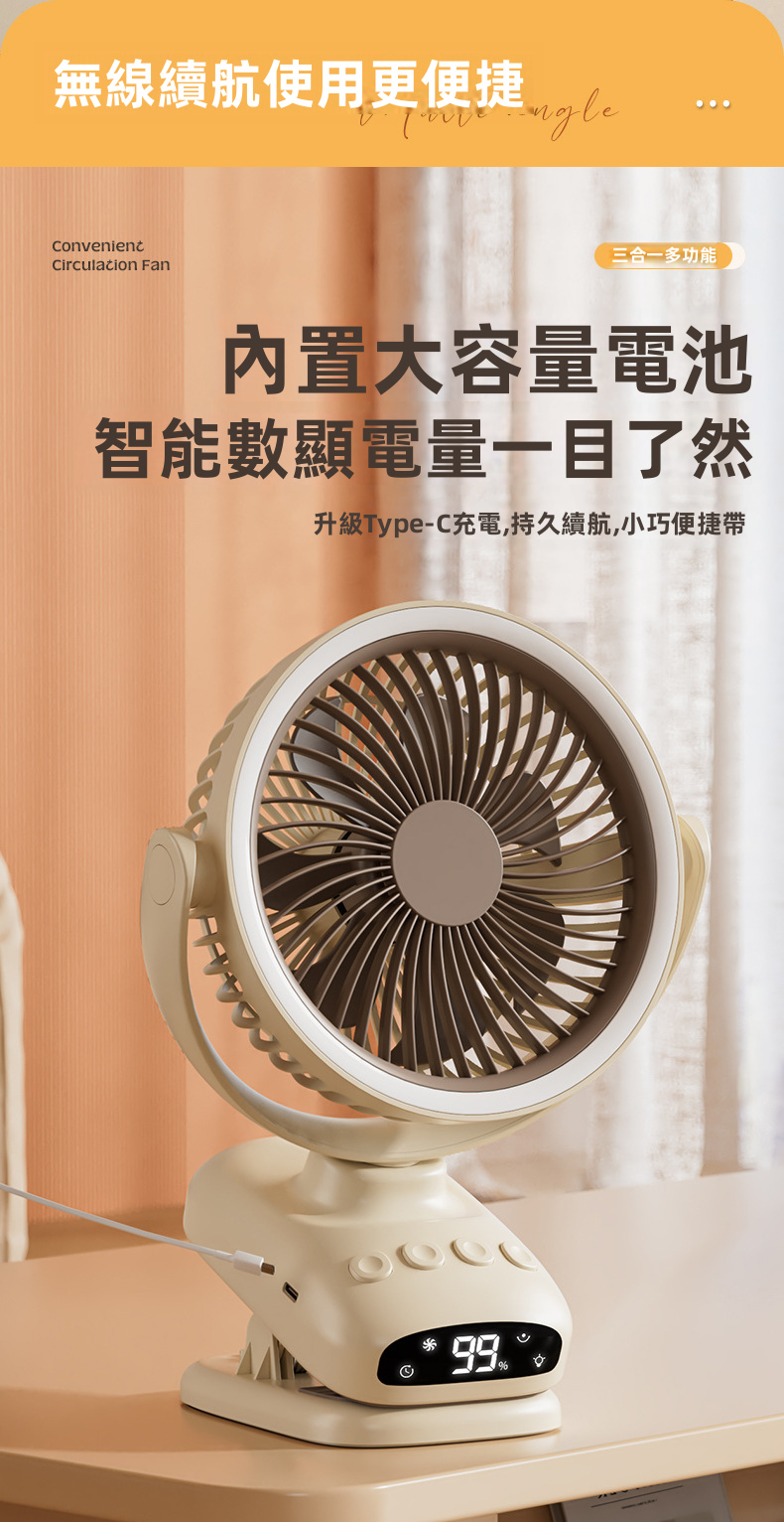 【三合一多功能】智能數顯自動搖頭夾式循環風扇 | 7葉螺旋強勁大風力 5檔風速 100°左右搖頭+180°俯仰 1-9H定時 柔光夜燈 (BB車/床頭/辦公室/露營適用)
