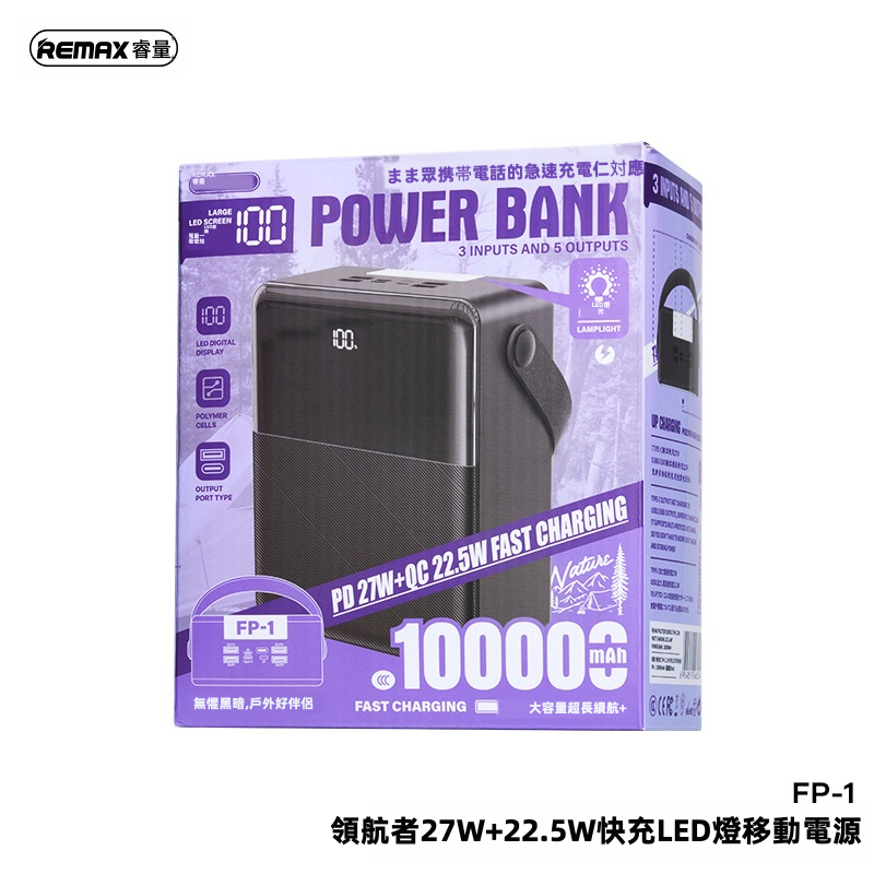 【露營/停電救星】REMAX 100000mAh 巨無霸戶外尿袋 | 27W 雙向快充 5出3入 同充5部機 內置LED強光燈 (支援PD/手機/手提電腦)