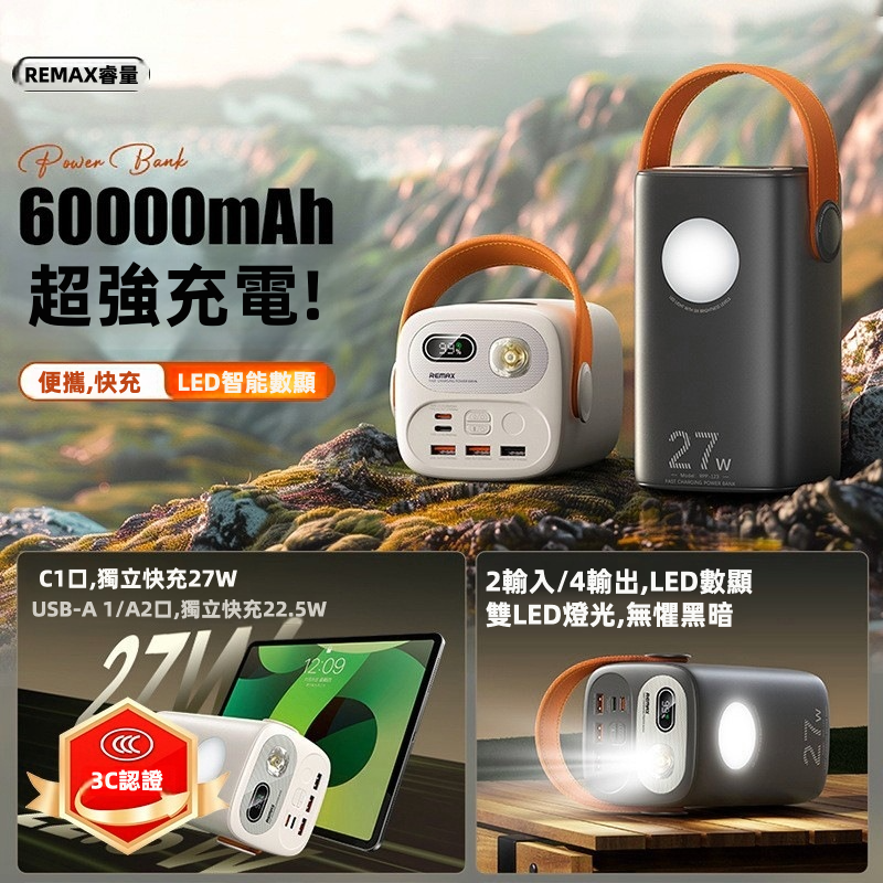【露營/戶外神器】REMAX 60000mAh 巨無霸帶燈快充尿袋 RPP-123 | 27W PD+22.5W 快充 4出2入 同充4部機 雙LED強光營燈 智能數顯 (雲岩米/太空灰)