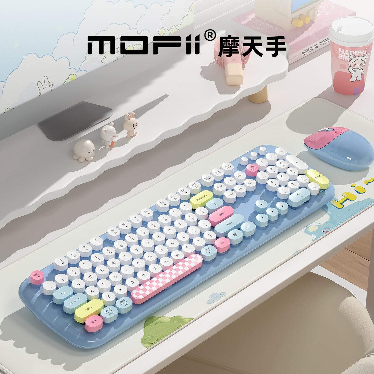 【MOFii Zero】復古圓形鍵帽無線鍵鼠套裝 | 亮面唇釉工藝 貓咪造型滑鼠 共用單個USB接收器 人體工學防滑腳架 (Mac/Win通用 多色可選)