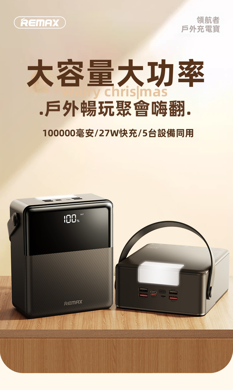【露營/停電救星】REMAX 100000mAh 巨無霸戶外尿袋 | 27W 雙向快充 5出3入 同充5部機 內置LED強光燈 (支援PD/手機/手提電腦)
