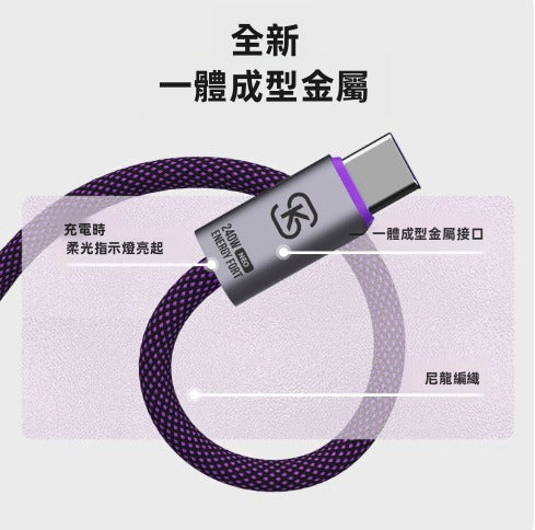 極速閃充】SIKAI PD240W 雙Type-C 快充線 | 內置E-Marker不傷機 柔光指示燈 尼龍編織線