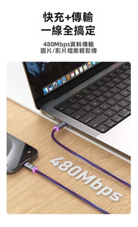 極速閃充】SIKAI PD240W 雙Type-C 快充線 | 內置E-Marker不傷機 柔光指示燈 尼龍編織線