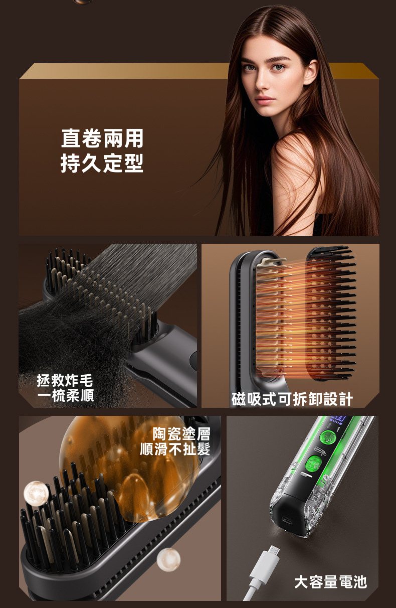 無線二合一直髮梳 | 磁吸可拆洗 陶瓷護髮 4檔控溫 直捲兩用（粉/黑）