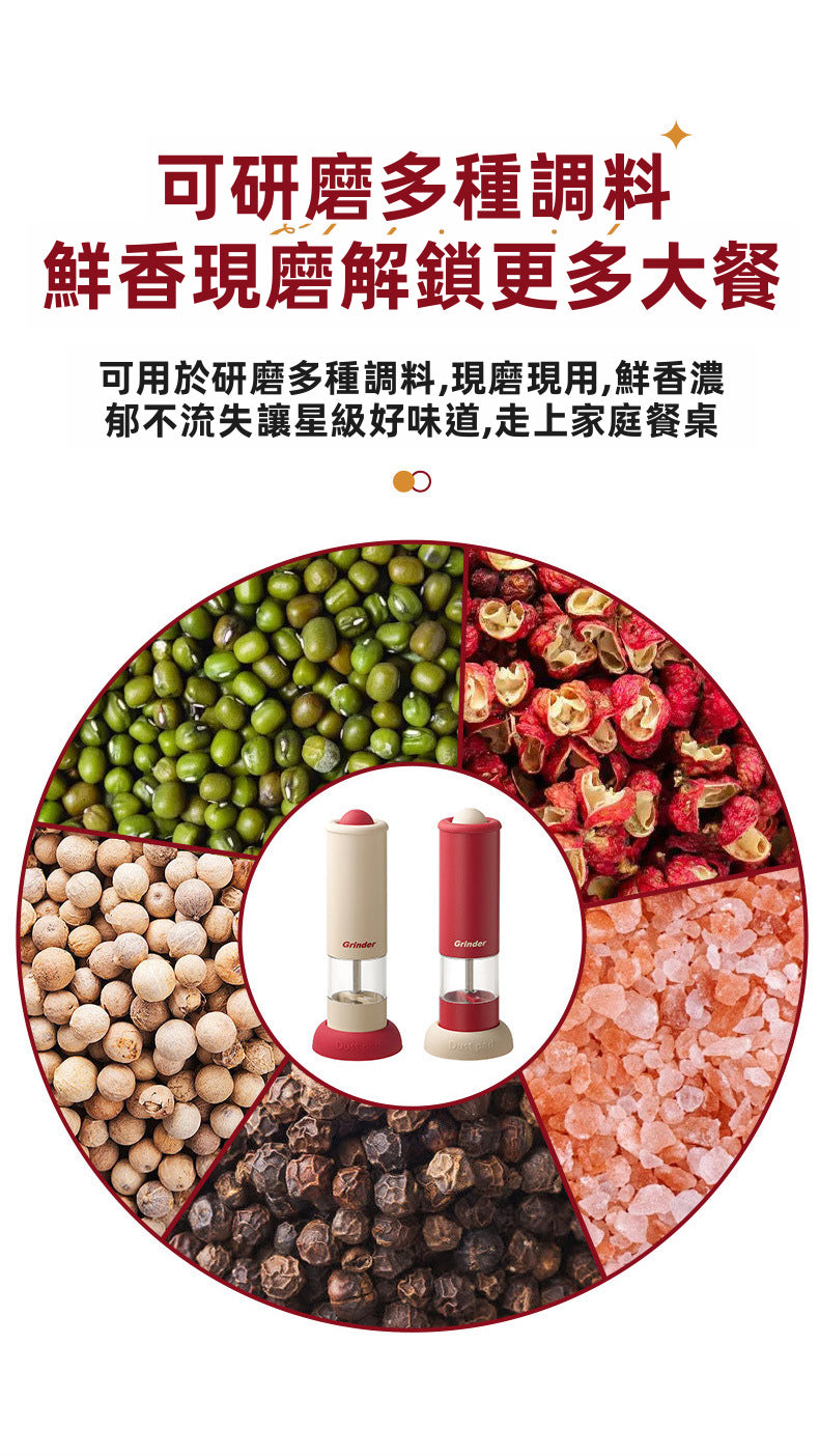 【Ankou】Type-C充電式電動研磨器 | 一鍵自動研磨 無極調檔粗細 自帶防塵底座 椒鹽/黑胡椒/玫瑰鹽（紅/奶油色）