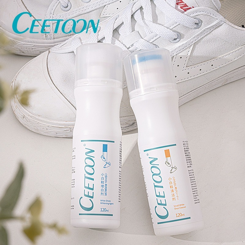 CEETOON White Shoe Cleaner 120ml | No-Rinse Stain and Yellow Stain Remover with Protease Formula and 360° Sponge Brush Head