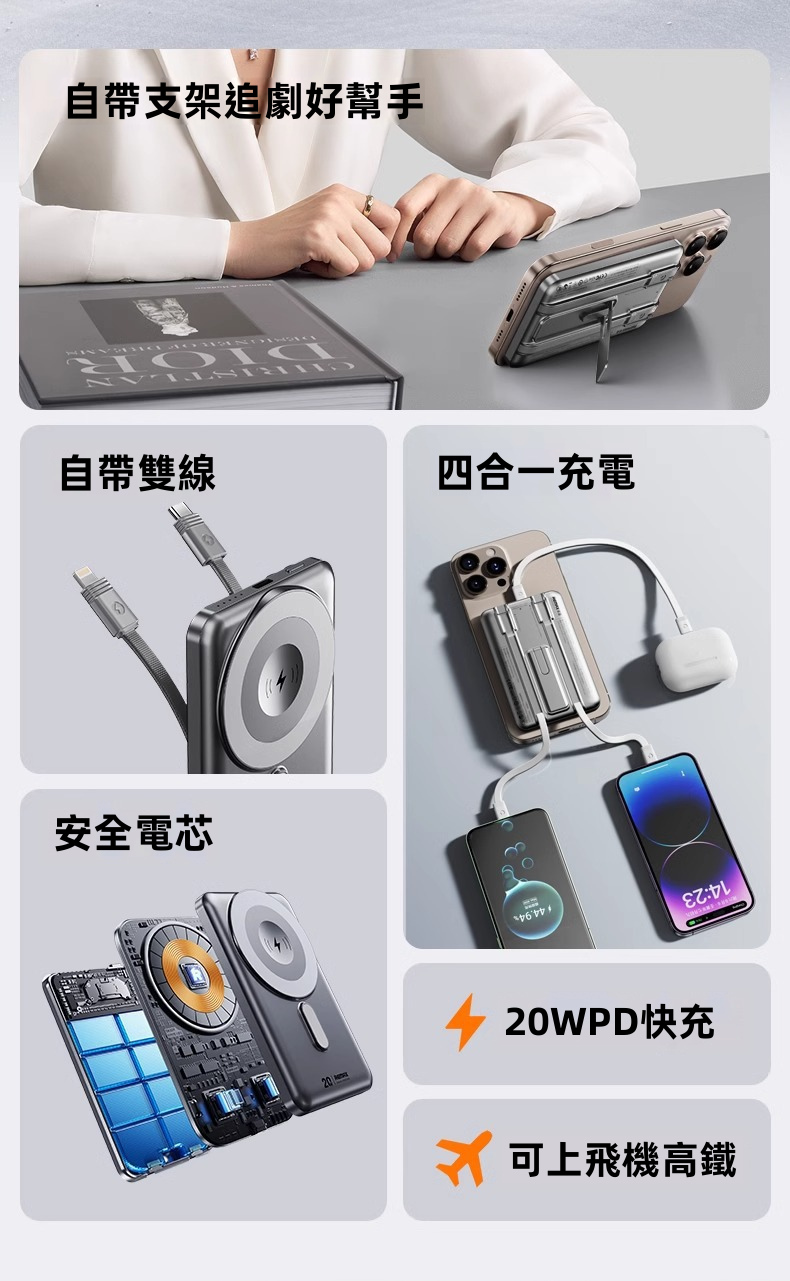 【REMAX】15W MagSafe 磁吸無線充電寶 10000mAh | 隱藏自帶雙線 (Type-C+Lightning) 20W PD有線快充 鋅合金摺疊支架 帶殼充唔阻鏡頭