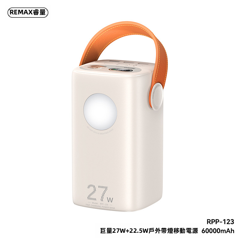 【露營/戶外神器】REMAX 60000mAh 巨無霸帶燈快充尿袋 RPP-123 | 27W PD+22.5W 快充 4出2入 同充4部機 雙LED強光營燈 智能數顯 (雲岩米/太空灰)