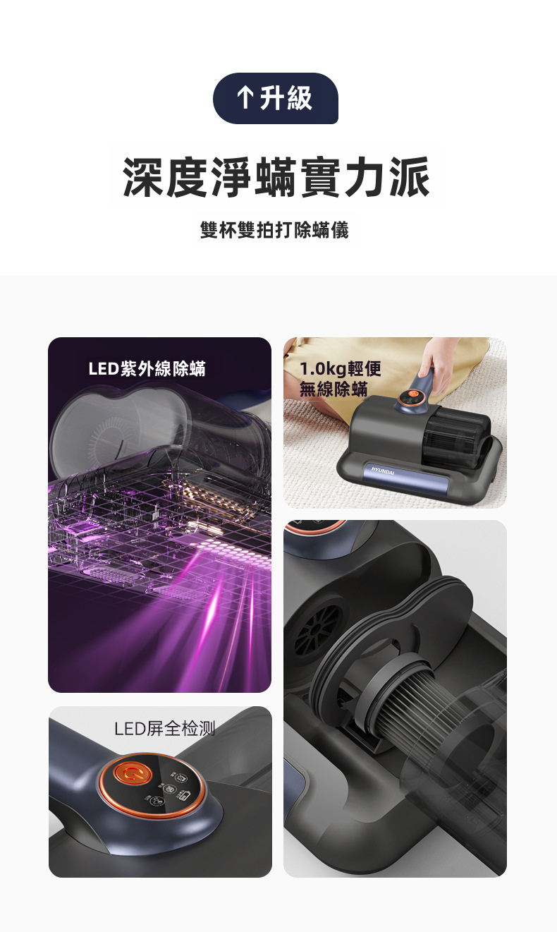 HYUNDAI 韓國現代 無線雙杯除蟎儀 10000Pa大吸力 紫外線殺菌 超聲波除蟎 1.0kg