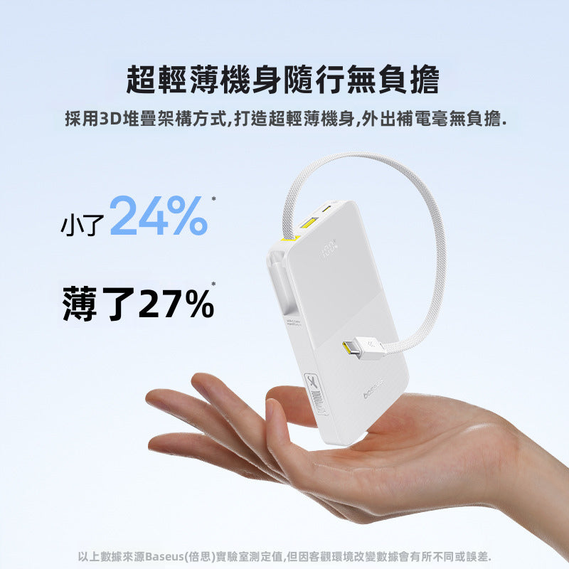 【Baseus倍思】迷你派 10000mAh 22.5W手提編織線行動電源 | 零技巧 超易帶！3D極薄機身 雙向快充 可上飛機 (黑/白兩色)