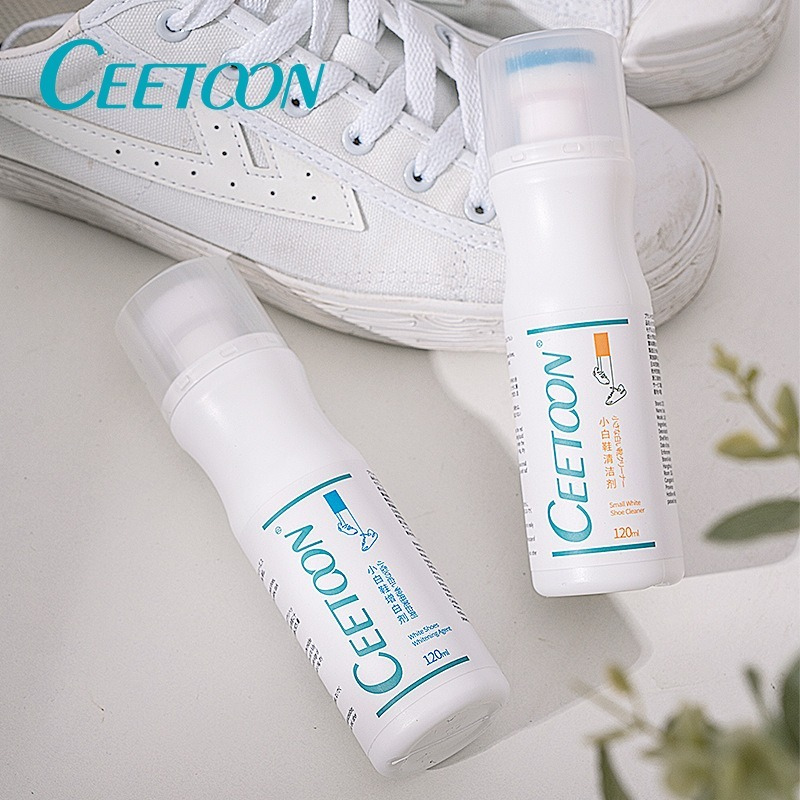 CEETOON White Shoe Cleaner 120ml | No-Rinse Stain and Yellow Stain Remover with Protease Formula and 360° Sponge Brush Head