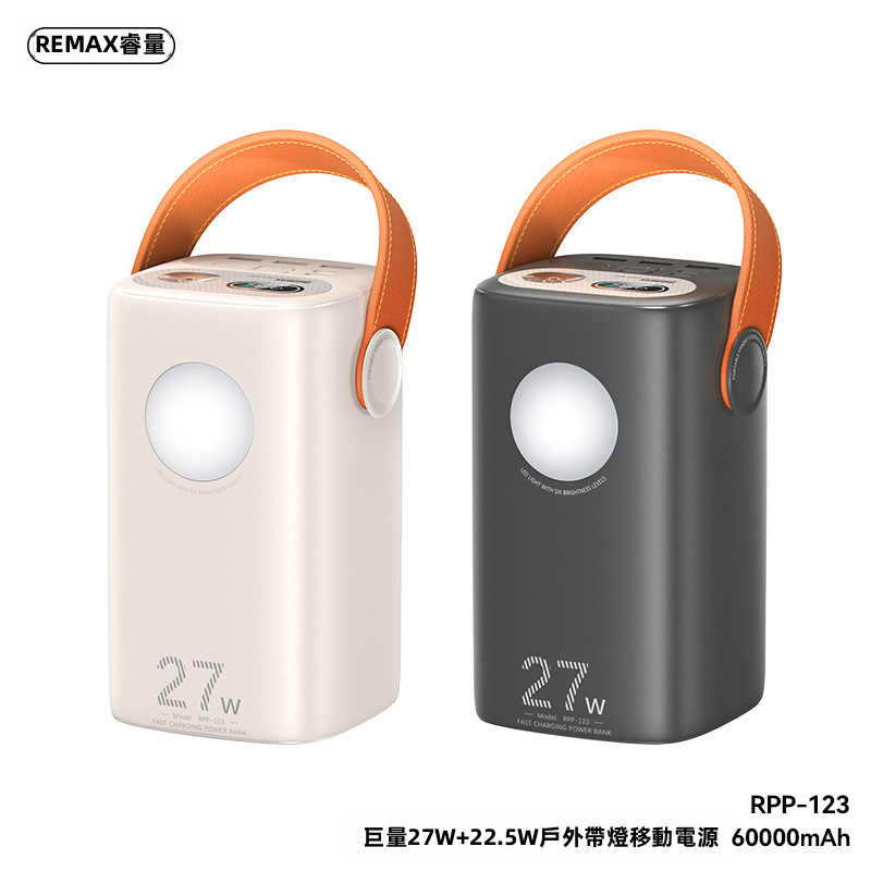 【露營/戶外神器】REMAX 60000mAh 巨無霸帶燈快充尿袋 RPP-123 | 27W PD+22.5W 快充 4出2入 同充4部機 雙LED強光營燈 智能數顯 (雲岩米/太空灰)