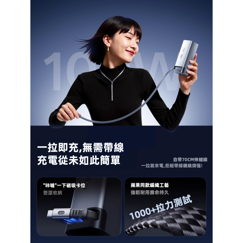【REMAX 能量柱 FC系列】100W雙向快充 伸縮線尿袋 (20000mAh) | 自帶70cm磁吸編織快充線 100W自充0.8小時滿電 智能數顯 可上飛機高鐵 (MacBook/iPad/iPhone/Android通用)