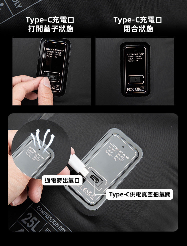 【旅行收納神器】Type-C 供電自動真空壓縮防水袋 | 零技巧 超易用！3秒極速抽氣 免抽氣泵 可登機託運 (17L / 25L)