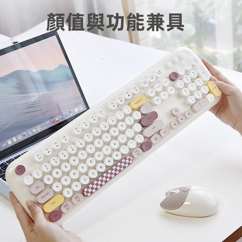 【MOFii Zero】復古圓形鍵帽無線鍵鼠套裝 | 亮面唇釉工藝 貓咪造型滑鼠 共用單個USB接收器 人體工學防滑腳架 (Mac/Win通用 多色可選)