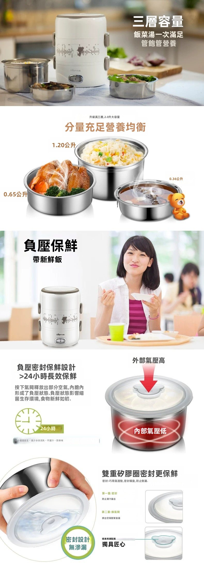 Bear 小熊 2.0L 三層便攜電熱飯盒 DFH-S2358 304不銹鋼內膽 白色 (附便攜袋)