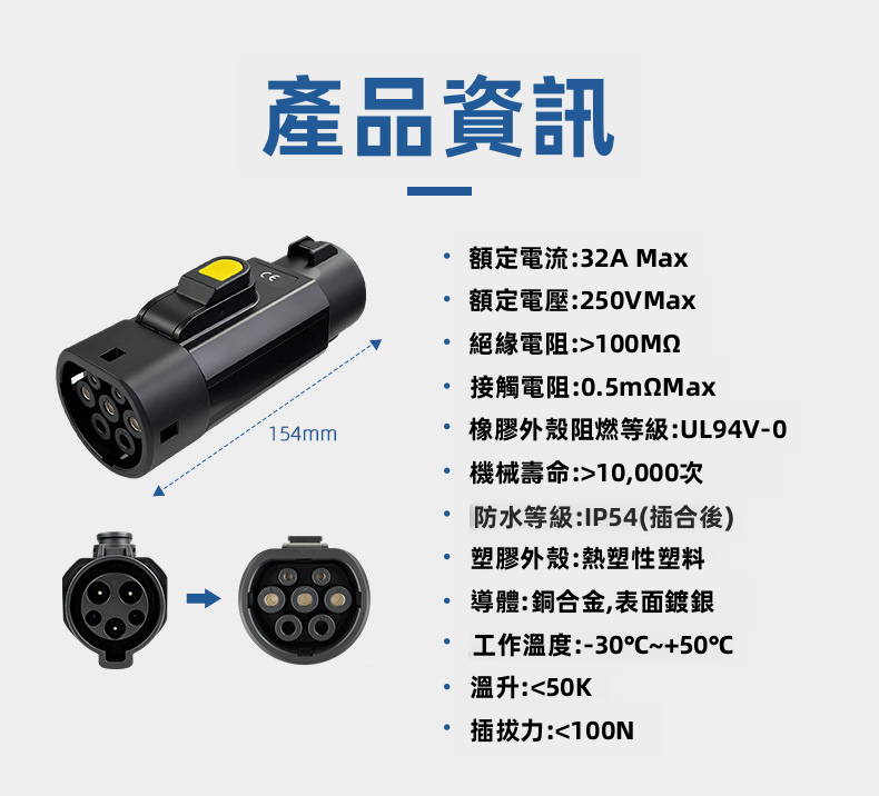 J1772 Type 1 轉 Type 2 EV 充電轉接頭 32A 250V Type 1 槍轉Type 2車
