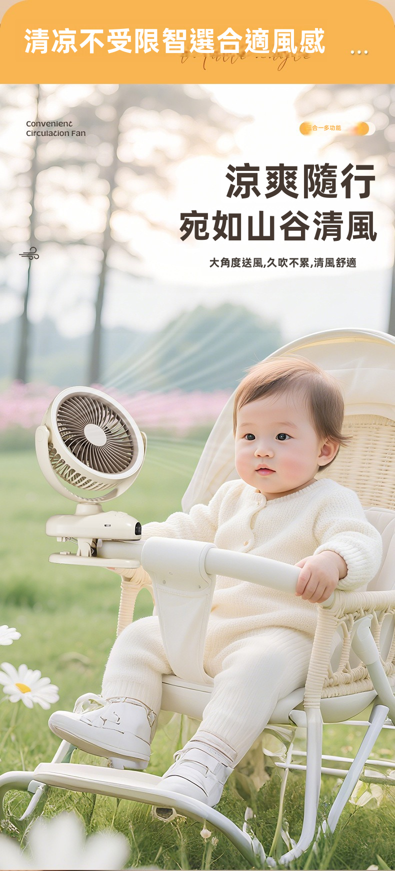 【三合一多功能】智能數顯自動搖頭夾式循環風扇 | 7葉螺旋強勁大風力 5檔風速 100°左右搖頭+180°俯仰 1-9H定時 柔光夜燈 (BB車/床頭/辦公室/露營適用)