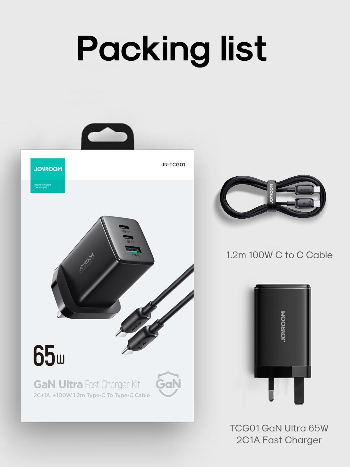 JoyRoom TG10 65W GaN 三口快充充電器｜雙 Type-C + USB-A｜PD3.0 / QC3.0