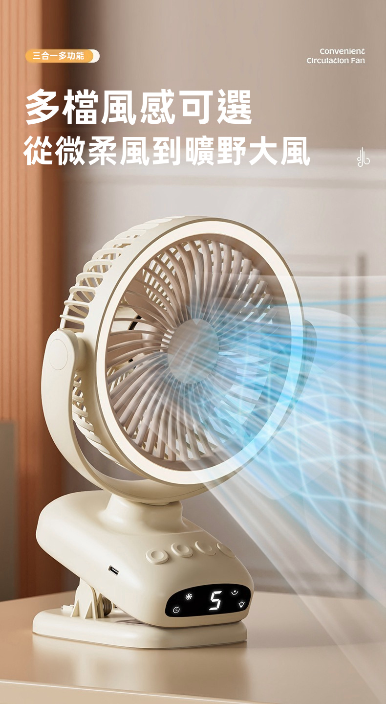【三合一多功能】智能數顯自動搖頭夾式循環風扇 | 7葉螺旋強勁大風力 5檔風速 100°左右搖頭+180°俯仰 1-9H定時 柔光夜燈 (BB車/床頭/辦公室/露營適用)