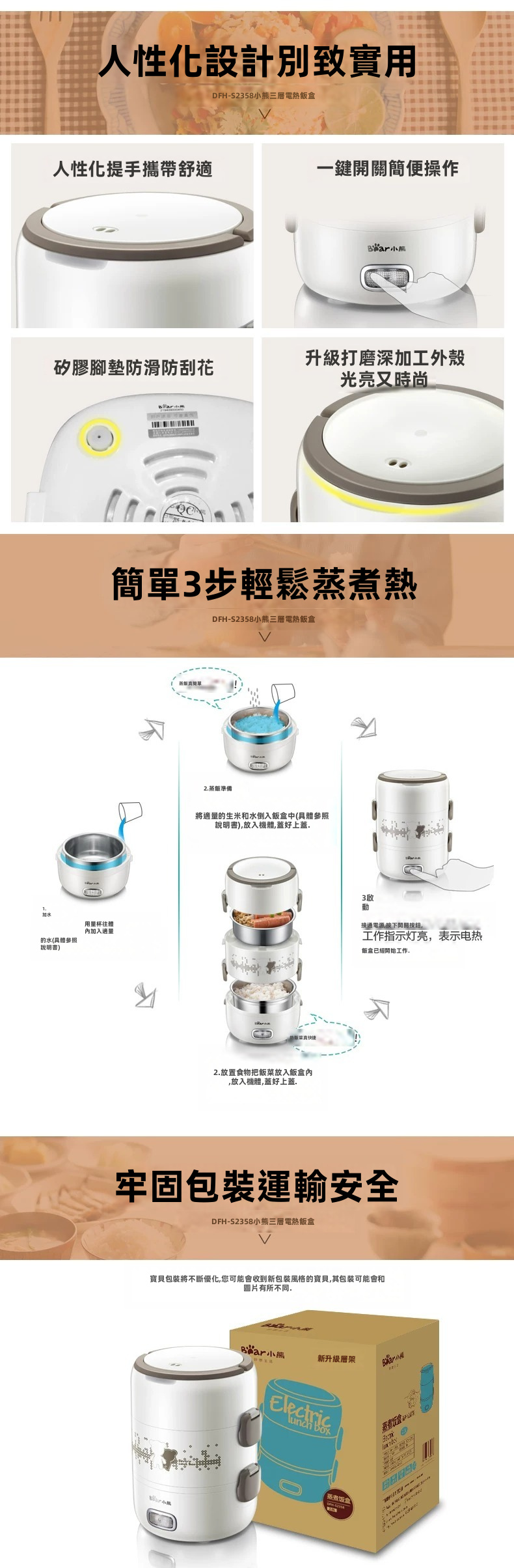 Bear 小熊 2.0L 三層便攜電熱飯盒 DFH-S2358 304不銹鋼內膽 白色 (附便攜袋)