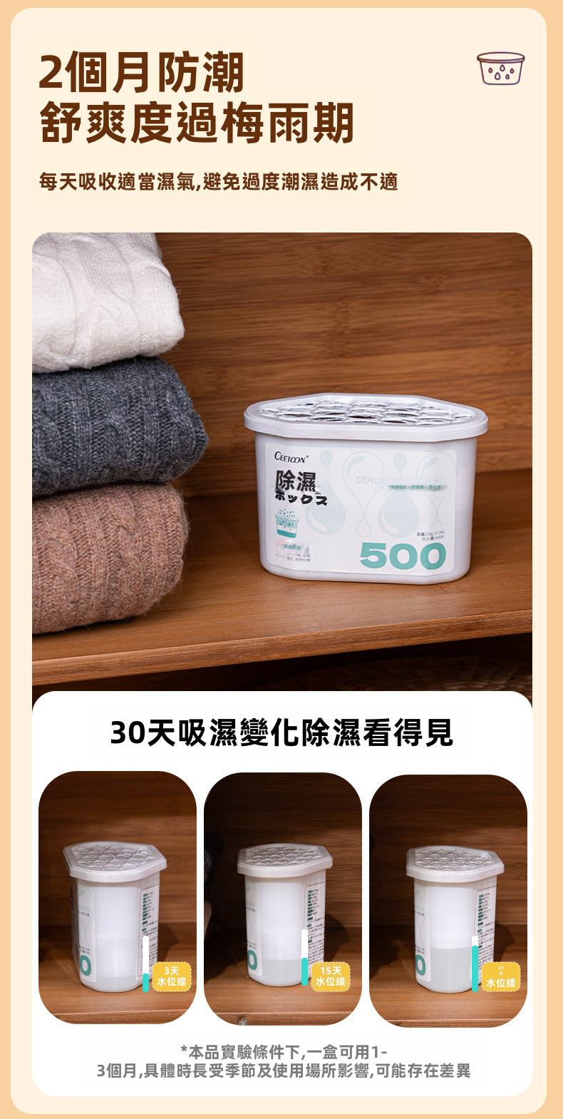 Ceetoon 強效集水除濕盒 (500ml) | 倒置不漏水 防潮防黴 物理抽濕盒 衣櫃/房間/鞋櫃適用