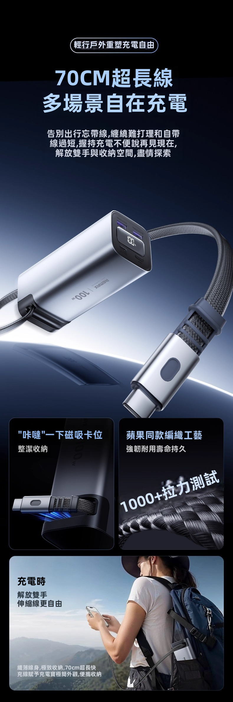 【REMAX 能量柱 FC系列】100W雙向快充 伸縮線尿袋 (20000mAh) | 自帶70cm磁吸編織快充線 100W自充0.8小時滿電 智能數顯 可上飛機高鐵 (MacBook/iPad/iPhone/Android通用)