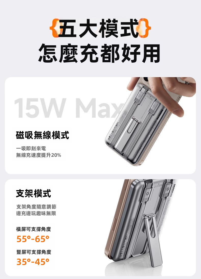 【REMAX】15W MagSafe 磁吸無線充電寶 10000mAh | 隱藏自帶雙線 (Type-C+Lightning) 20W PD有線快充 鋅合金摺疊支架 帶殼充唔阻鏡頭