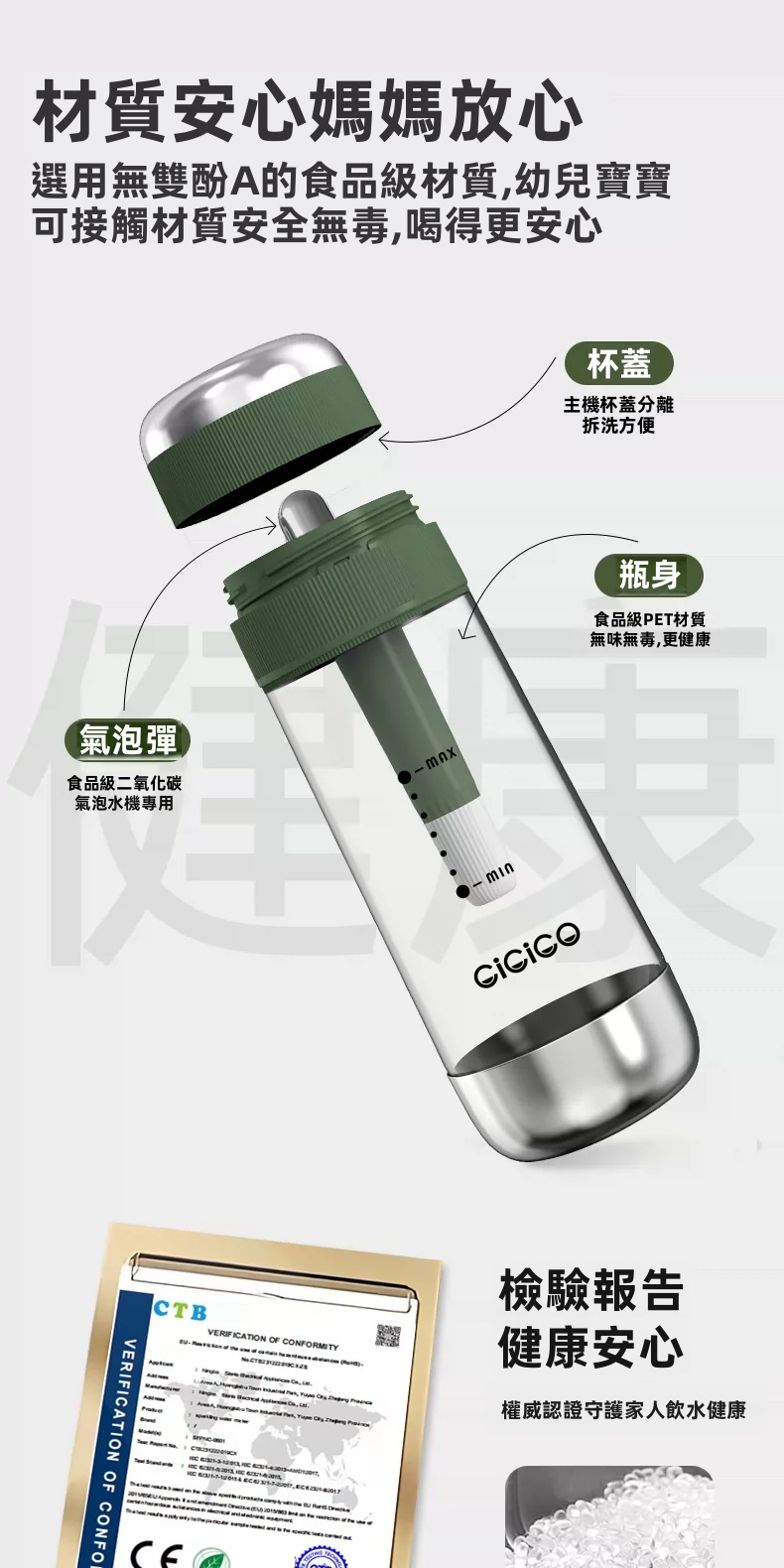 【CiCiCO】便攜隨行氣泡水機 / 梳打水樽 | 免插電 10秒極速注氣 食品級BPA-Free 自動洩壓防爆 露營野餐/特調必備 (2色可選)