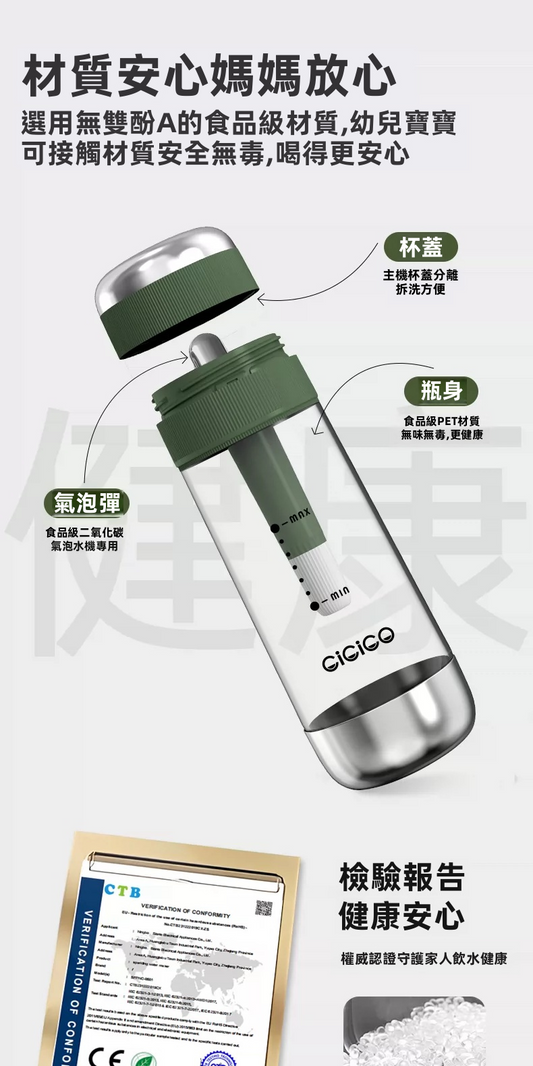【CiCiCO】便攜隨行氣泡水機 / 梳打水樽 | 免插電 10秒極速注氣 食品級BPA-Free 自動洩壓防爆 露營野餐/特調必備 (2色可選)