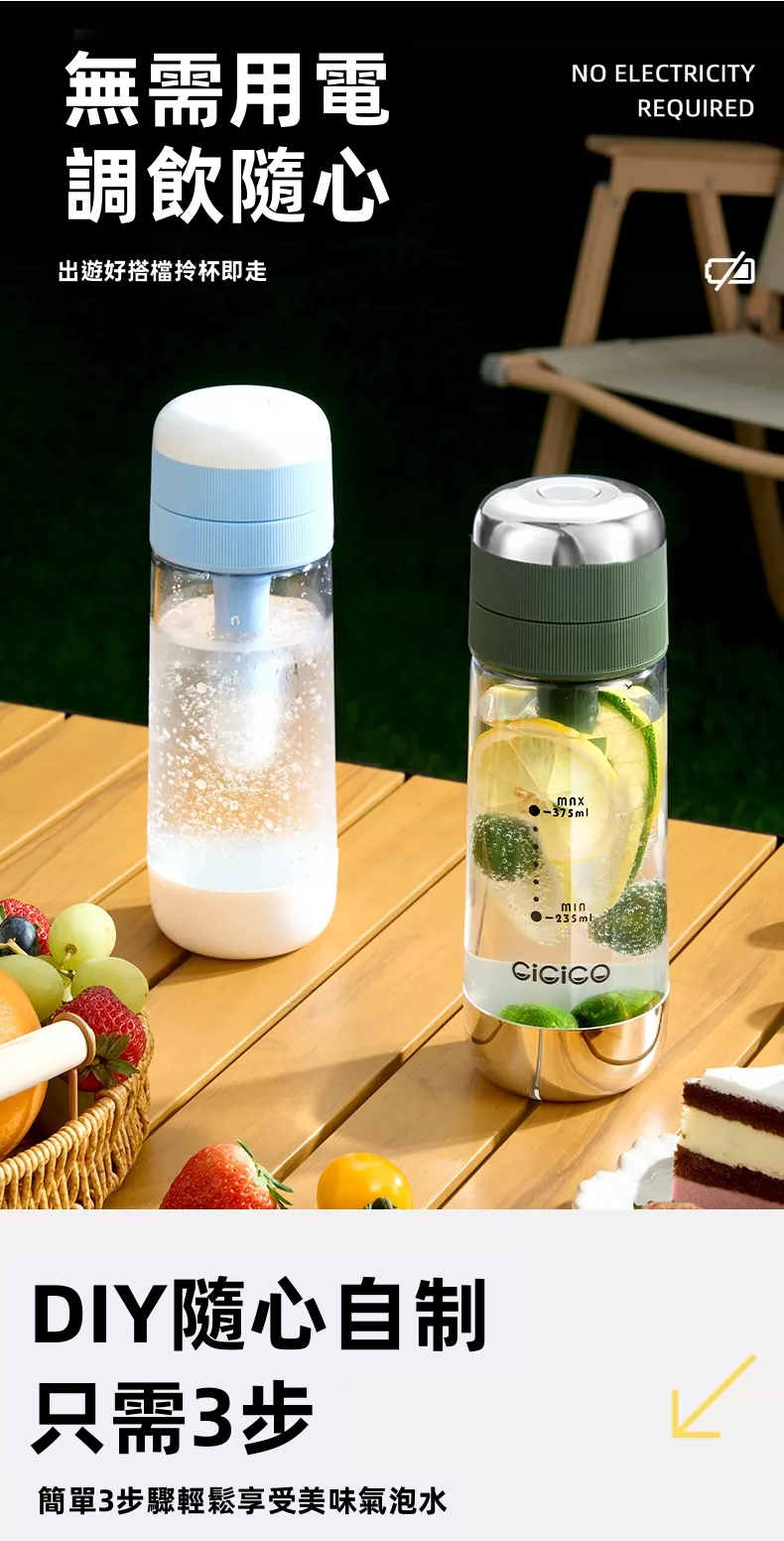 【CiCiCO】便攜隨行氣泡水機 / 梳打水樽 | 免插電 10秒極速注氣 食品級BPA-Free 自動洩壓防爆 露營野餐/特調必備 (2色可選)