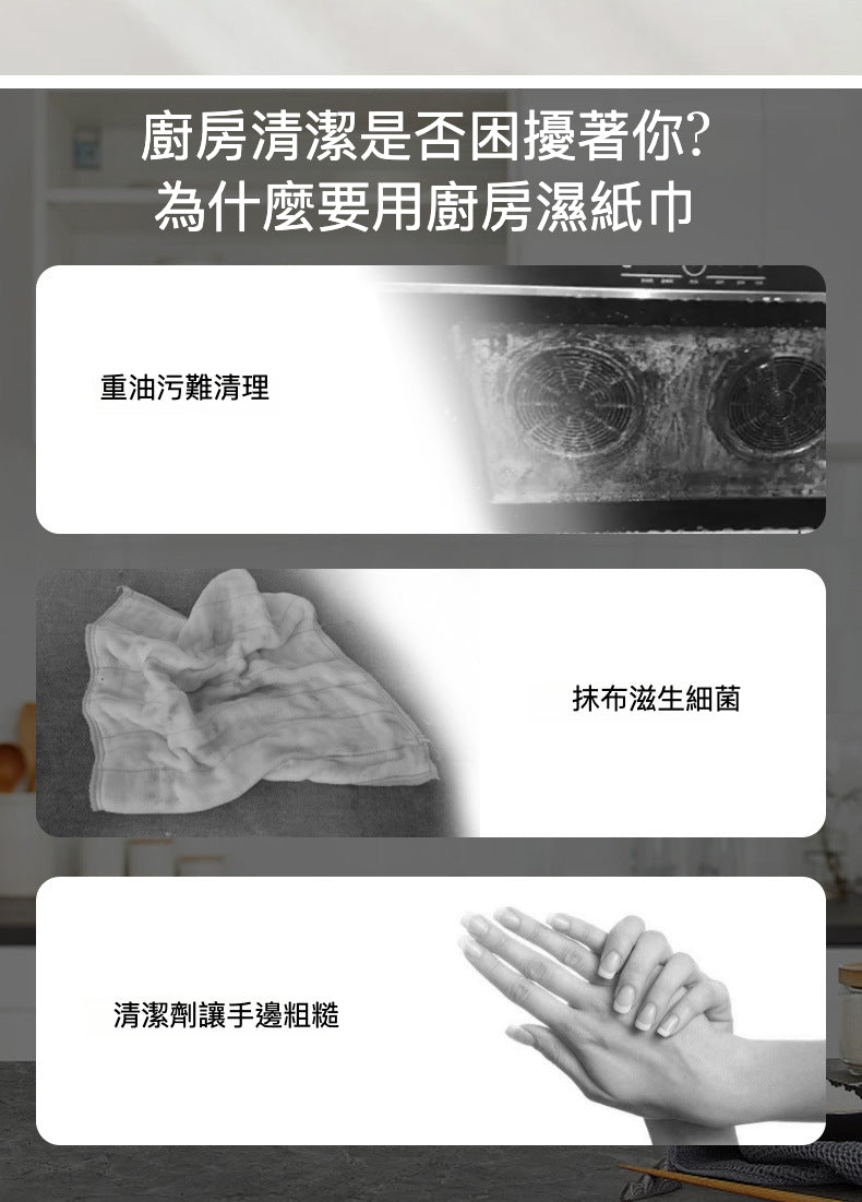 『廚房常備』120抽廚房濕紙巾：強效去污，溫和護手