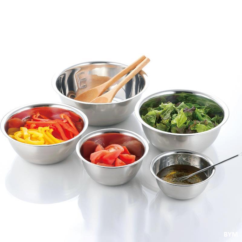 日本不鏽鋼料理碗 5件套裝-平行進口 料理/醃漬/拌沙律/拌麵/攪麵粉/廚房必備/媽媽做菜小幫手/輕鬆區分/擺放食材材料/刻度設計/調理盆/鍋具/烘焙/快速烹調/煮食