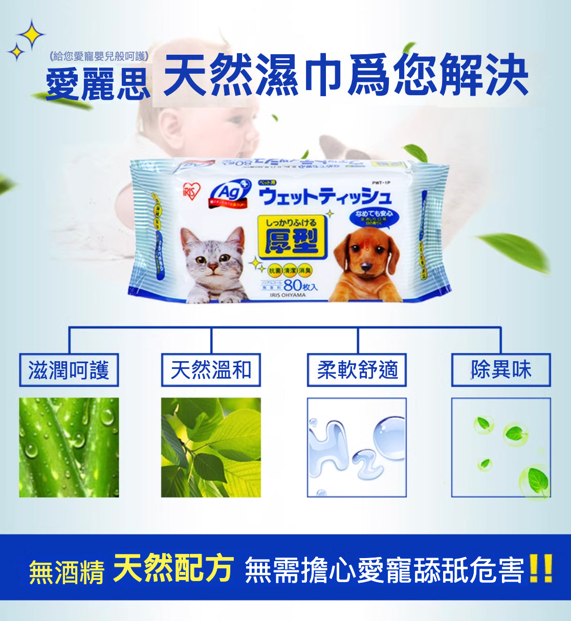 IRIS - Ag+銀離子抗菌無酒精 無香料夠厚!!夠濕!!夠安全!! 寵物用濕巾 ( 80片裝) (藍色包裝)密封蓋新包裝