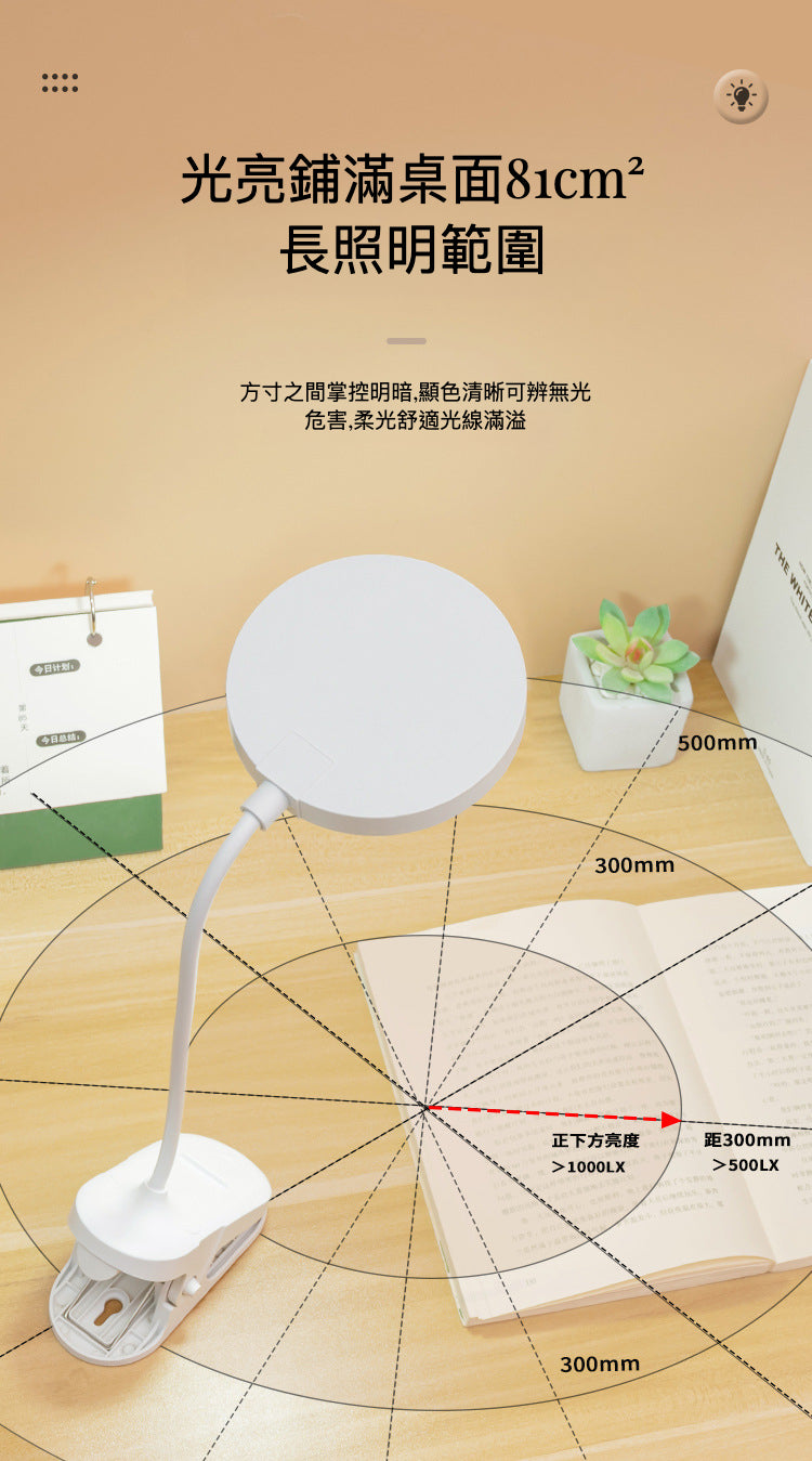充電式4000mAh LED 圓形夾子枱燈 充電檯燈護眼學習兒童 宿舍檯燈臥室學習床頭燈 - 白色 - 829